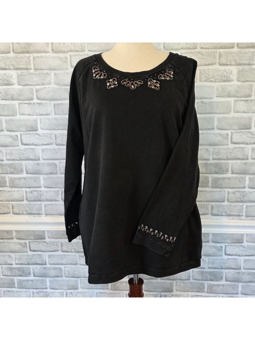 Ulla Popken Black Cotton Beaded Tunic Sweatshirt Top NWT Casual Chic 16/18